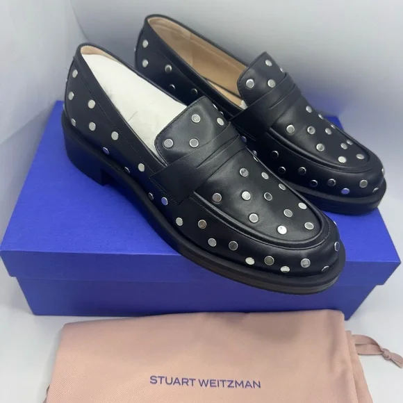 STUART WEITZMAN Palmer Bold Studded Leather Loafers Size 9 Black